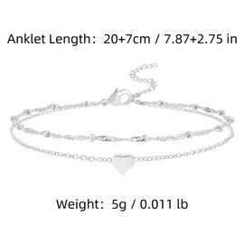 ankbrats Silver Layered Anklets for Women, Double Chain Heart Pendant Ankle Bracelet, Adjustable Boho Ankle Chain Beach Jewelry Gift for Girls