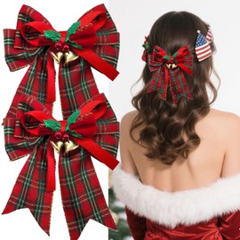 Christmas Hair Bow Clips for Women & Girls - Red Green Plaid Alligator Clips with Bell, Festive Holiday Hair Accessories for Xmas Party, School, Matching Outfits 2pack