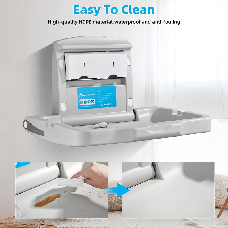 Fold-Down Baby Changing Diaper Station - Horizontal Wall Mounted, Sturdy