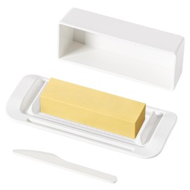 Small Bamboo Fiber Butter Dish, Modern Design with Cutting Marks Butter Knife Slot, One Butter Stick Butter Dish with Lid and Knife, Dish Washer Safe Butter Holder for Fridge & Countertop. (off-white)