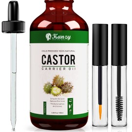 Kanzy Organic Castor Oil for Eyelashes and Eyebrows 100ml Cold Pressed Castor Oil for Hair Growth 100% Natural and Pure Castor Oil with Brushes For Hair, Beard, Nails and Skin