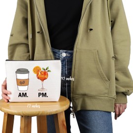 VAMSII Aperol Spritz Lover Gift Coffee AM Aperol Spritz PM Makeup Bag Coffee Lover Cosmetic Bag Retro 90s Aperol Gift (Beige)