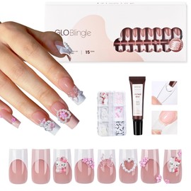 GloBlingle French Tip Press on Nails Long Square Nail Tips -150Pcs Pretty Pink False Nail Tips Kitty Bow Nails Art Decoration Kit Rhinestone Pearl with UV Nail Glue Press on Nail Tips for Women Gifts