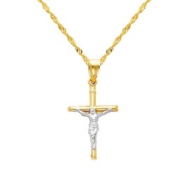 The World Jewelry Center 14k Real Two Tone Gold Jesus Cross Religious Pendant with 1.2mm Singapore Chain Necklace - 20"