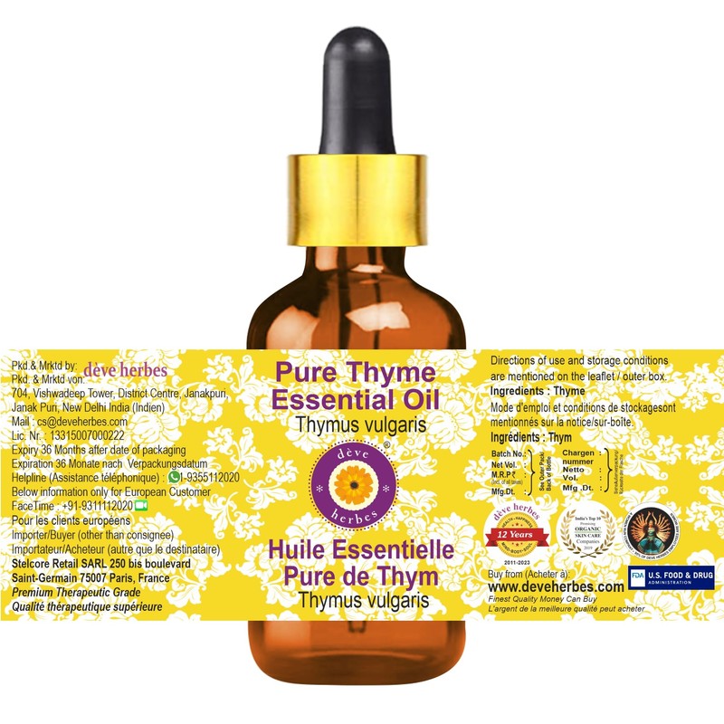 Deve Herbes Pure Thyme Essential Oil (Thymus vulgaris) Steam Distilled