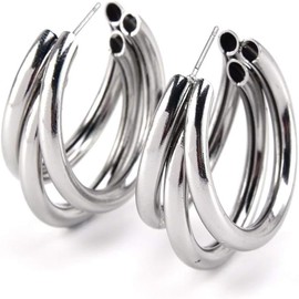 Multi Layer Triple Open Large Hoop Stud Earrings Silver Metal Circle Hoop Simple Basic Fashion Jewelry Earrings for Girl