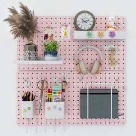 Soubeoii Metal Pegboard Combination Kit — 4 Carbon Steel Pegboards with 26 Accessories, Pegboard Wall Organizer for Home, Office, Study Room, Kitchen, Garage & Craft Room — 24″ × 24″ Pink Peg Board
