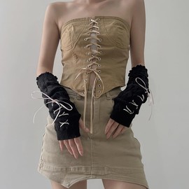 POHADON Women Cute Knitted Arm Warmers Lace Up Bow Fingerless Gloves Harajuku Fashion Arm Sleeve Lolita Y2k Accessories, Black-pink Bow, One Size