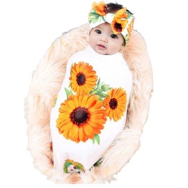 Galabloomer Newborn Receiving Blanket Headband Set Baby Flower Rose Swaddle with big bow (white sunflower)