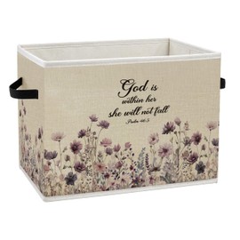 JMICPTUB Purple Floral Christian Storage Bin Box with Handles, God Is Within Her She Will Not Fall Bible Verse Foldable Organizer Basket decor for Girls Room Bathroom Home Clothes Books