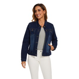 J.Corrine Women's Stretchy Denim Jacket Long Sleeve Vintage Basic Trendy Button Up Trucker Jean Jackets Dark Blue M