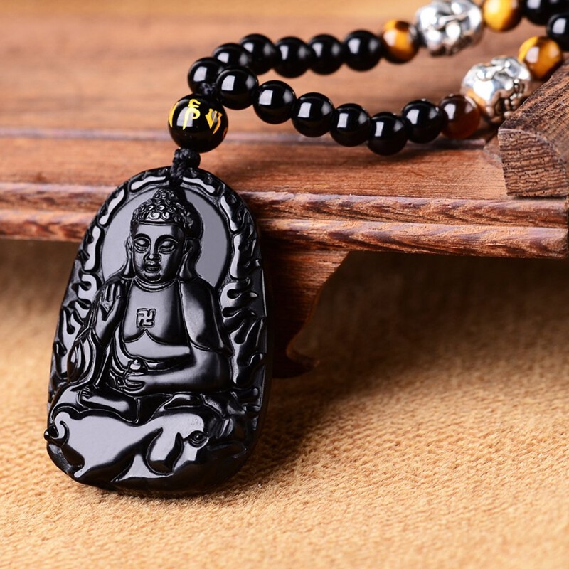 Collar con colgante natural de obsidiana natural y zodíaco Bodhisattva,