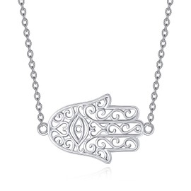 POPLYKE Hamsa Hand Evil Eye Choker Necklace 925 Sterling Silver Hamsa Hand Choker Hamsa Jewelry for Women 15"+2" Chain