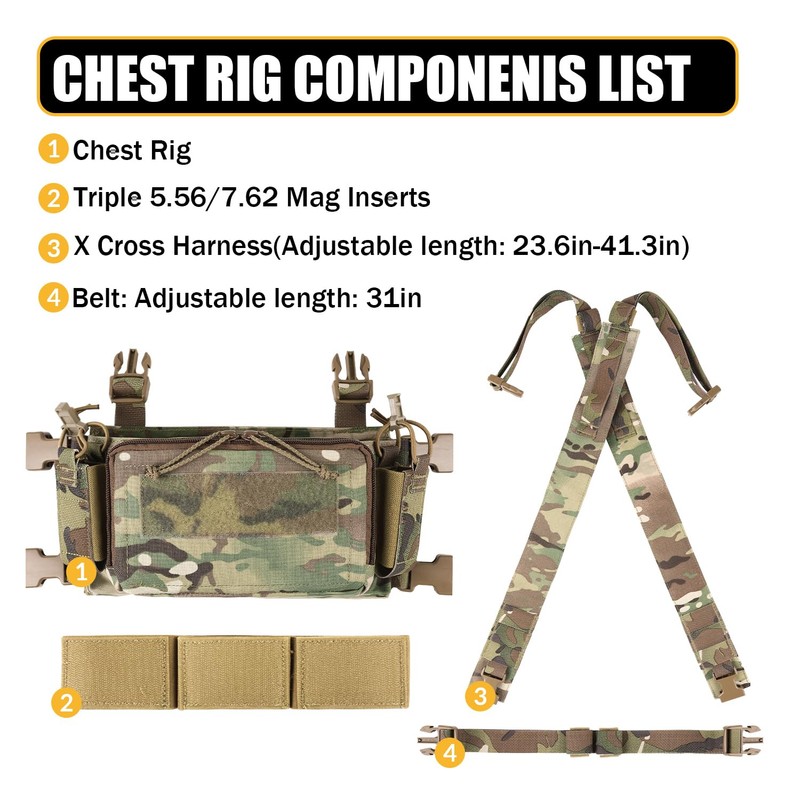 VOTAGOO Tactical Chest Rig with Triple 5.56/7.62 Mag Pouch, X-Harness