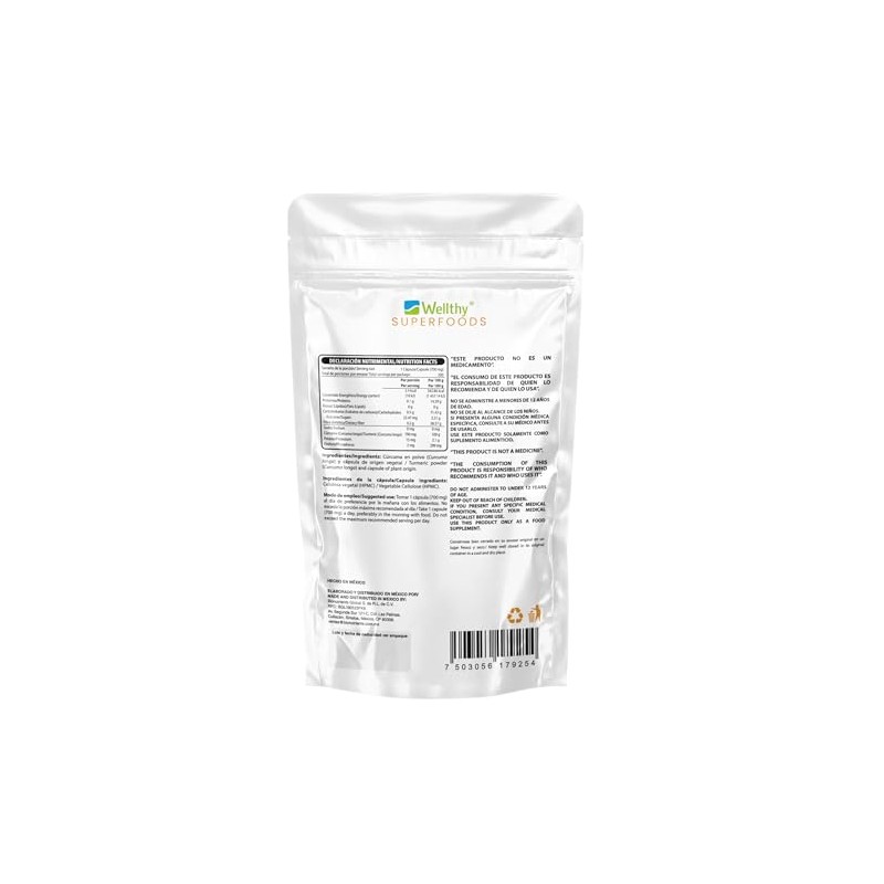 Wellthy Cúrcuma 200 CÁPSULAS 700mg c/u. Solo 1 Cápsula al