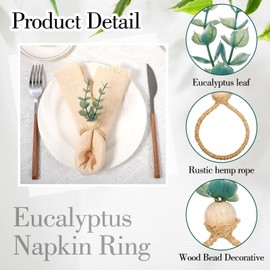 JIEYAO Set of 60 Eucalyptus Leaf Napkin Rings, Farmhouse Boho Napkin Holders Rustic Wood Bead Table Decor for Weddings Christmas Easter Party Decoration