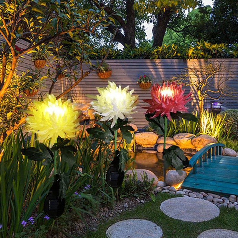 2 Pack Outdoor Solar Lights Outdoor Waterproof Chrysanthemum Flowers Stake