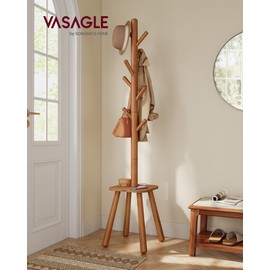 VASAGLE Coat Rack, Free Standing Coat Stand, Hall Coat Tree with 8 Hooks and Storage Shelf, 69.2 Inch Tall, for Coats, Hats, Bags, for Entryway, Hallway, Bedroom, Caramel Brown URCR033K01