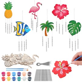 Silipull 24 Sets Tropical Wind Chimes Craft for Kids Make Your Own Summer Tropical Wind Chime DIY Wooden Hanging Ornament for Kids Hawaiian Summer Party Outdoor Decoration
