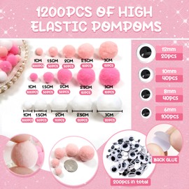 TOAOB 1300pcs White Pink Pompoms Kit Assorted Sizes Arts and Crafts Pom Poms Balls with Wiggle Eyes for DIY Crafts Decorations