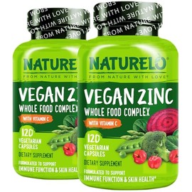 NATURELO NATURELO Vegan Zinc Immune Support Capsules - Whole Food Complex with Vitamin C for Healthy Skin, Hair, and Nails - 120 Capsules (Pack of 2)