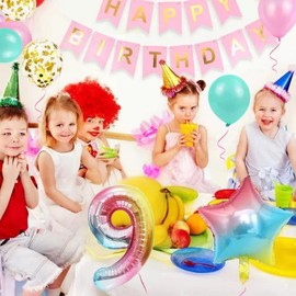 RKMYTR Rainbow Number Balloons,9th Iridescent Party Decorations for Birthday,Confetti and Latex Balloons Set for 9Year Old Birthday Party Decor Supplies