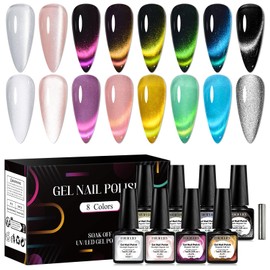 Four Lily 8 Colors Cat Eye Gel Nail Polish, Upgraded Magnetic Gel Polish Kit with Magnet Stick, Neon Strip Cat Eye Nail Gel Soak Off Nail Art Salon Manicure Home Ladies Gift