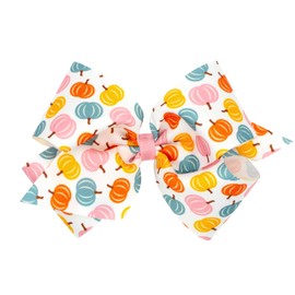 Wee Ones Girls' Toddler Thanksgiving Harvest and Farm-themed Grosgrain Hair Bows in Fall Prints or Moonstitch Embroidery on WeeStay no-slip clip, King, Multi