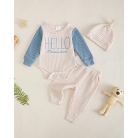 Renotemy Infant 3-6 Month Boy Clothes Coming Home Outfits Baptism Shower Gifts for Boys Newborn Essentials Outfit I'm New Here Long Sleeve Baby Fall Winter Clothing Multicolor Romper+Pants+Hat