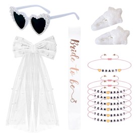 Pack of 10 Jga Accessories Women, with Jga Veil, Team Bride Bracelets, Heart Pearl Sunglasses, Bride to Be Sash, White Bow Hair Accessories, Jga Decoration (White)