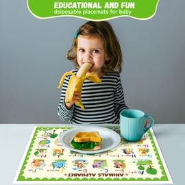Disposable Placemats for Baby, Animal Alphabet Kids Placemats, Sticky Toddler Placemat for Restaurants and Travel, 12X18 Inches (40, Animals)