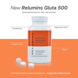 Relumins Gluta 500 - Chewable/Sublime Wall Glutathione Complex with Advanced Skin Nutrition - Hyaluronic Acid, VIT C, Biotin Plus 4 Powerful Actives - Fruit Punch Flavored - 60CT x 3 Bottles