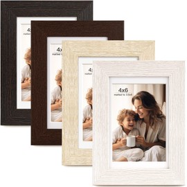 FinalFind 4x6 Picture Frame with Mat for 3.5x5, Set of 4 Wood Grain 4 x 6 Picture Frames Display on Tabletop or Wall Mounting (4 Pack，Multicolour)