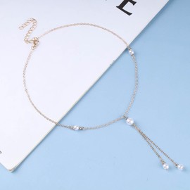 Allereya Vintage Pearl Pendant Necklace Boho Pearl Drop Y Necklace Pearl Y Lariat Necklace Gold Minimal Necklace Chain Jewelry for Women and Girl