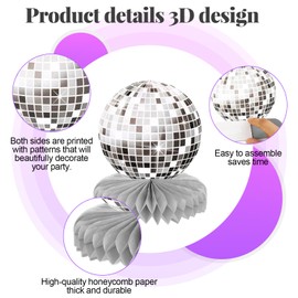 Disco Honeycomb Centerpiece Silver DiscoTheme Party Honeycomb Centerpieces Silver Paper Disco Balls Table Decorations 70s 80s 90s DiscoParty Table Decorations DiscoBall Centerpieces, 6 Pcs