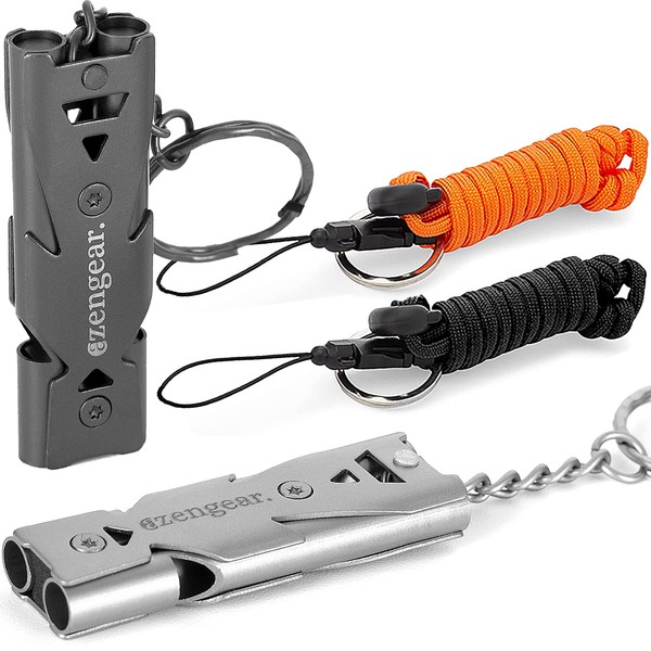 Loud Whistles (Pair) With Paracord Lanyard String & Keychain - Easy Blow, Stainless Steel, 150dB Sound, Pealess - for Emergency, Dog Walking, Safety, Training, Outdoor Camping, Self-Defense
