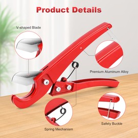 PVC Pipe Cutter 1-1/4", PEX Pipe Cutter Heavy Duty PVC Cutter Tool with Pipe Deburring Tool and Depth Gauge, 1/8'' to 1-5/8'' Inner Outer Reamer Pipe Tubing Chamfer Tool for PVC PEX PPR Rubber Hoses