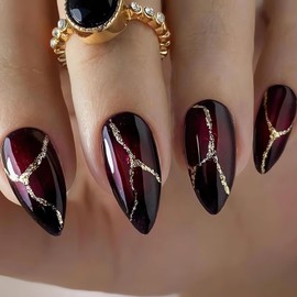 Almond Press on Nails Medium Black Red Fake Nails with Designs Dark Red False Nails Glitter Gold Stripe Gel Acrylic Nails Full Cover Glue on Nails Almond Shaped Stick on Nails for Women 24Pcs
