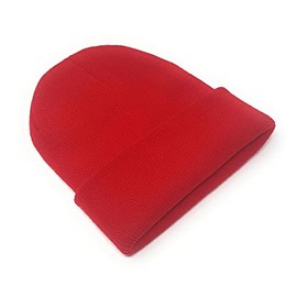 Kids Beanie Hat - Unisex Slouch Winter Woolly Turn Up Knitted (Red)