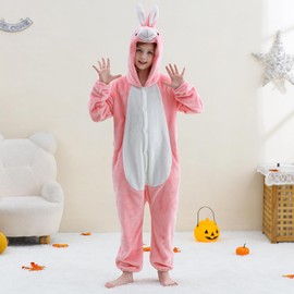 KAKU NANU Animal Onesie Kids Onesies for Girls Boys Rabbit Bunny Costume Kids Fleece Pyjamas Toddler Jumpsuit 5 6 Years Pink
