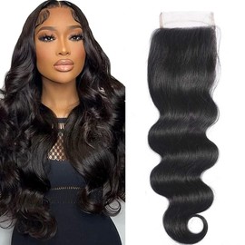 AUTTO Brazilian Body Wave Closure Unprocessed Human Hair Free Part Lace Closure Natural Black Color (8"-18") (12 inches)