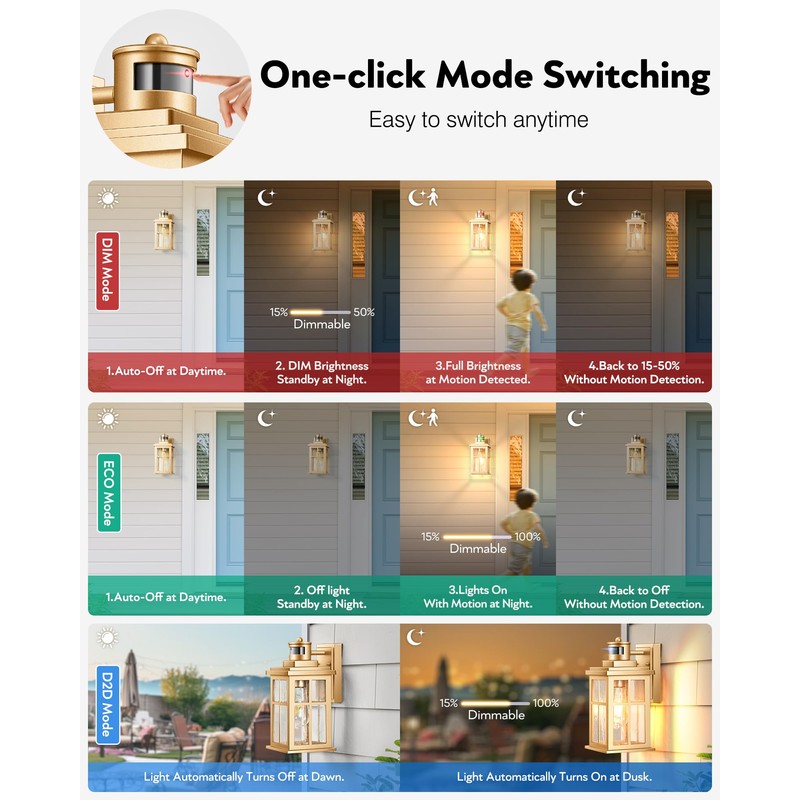 VIANIS 2 Pack Motion Sensor Outdoor Wall Lights, Modern Gold