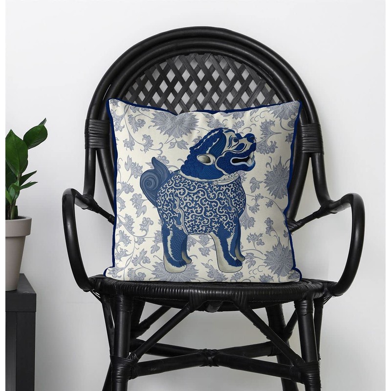 Kelly Stevens-McLaughlan, Happy Blue Foo Dog Chinoiserie on Cream Cushion