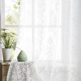 Abstractex White Lace Net Curtains 90 Inches Long for Living Room Damask Floral Sheer Panels for Bedroom Luxury Vintage Light Filtering Victorian Window Treatment Sets, 54" W Rod Pocket 2 Panels