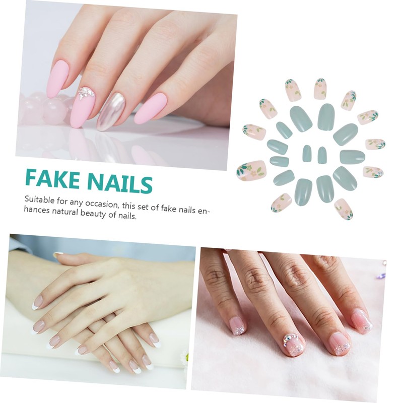 PACKOVE Milk Green Press On Fake Nails 24Pcs Round Tip