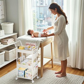 BBLIKE 3-Tier Diaper Caddy Organizer - Rolling Utility Baby Cart with Basket and Side Pockets for Nursery and Baby Essentials, Multi-Function Cart for Bedroom and Bathroom, Begie