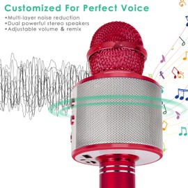 KIDWILL Wireless Bluetooth Karaoke Microphone for Kids, 5-in-1 Portable Handheld Karaoke Mic Speaker Player Recorder with Adjustable Remix FM Radio for Kids Girls Boys Teens Birthday (Red)