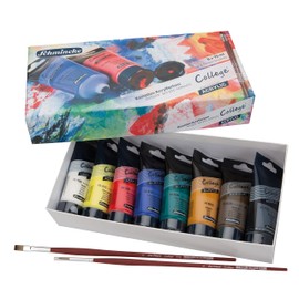 Schmincke - College Acrylic, acrylic color set with 8 x 75 ml tubes + 2 da Vinci College brushes, 83 7711 097, acrylic colors in study quality, basic assortment, silk matt and lightfast