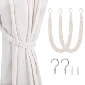 2 PCS Natural Cotton Rope Curtain Tiebacks, Curtain Tiebacks, Curtain Ties, Boho Curtain Ties, Woven Rope Curtain Holdbacks with Metal Hook for Home Hotel Office Drapery(Off-White)