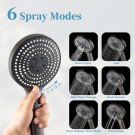 OFFO Shower Head and PVC Hose 1.5m, 6 Modes Handheld Shower Head Large Powerful Boosting Handheld Showerhead for Low Water Pressure ShowerHead,Brushed Black Chrome